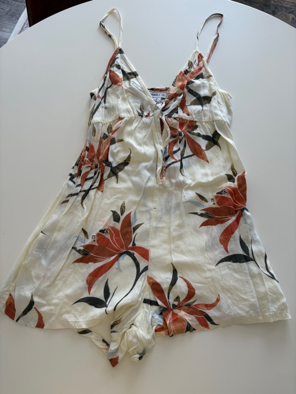 O'Neill Cream Floral Spaghetti-Strap Romper with Flowers & Pockets